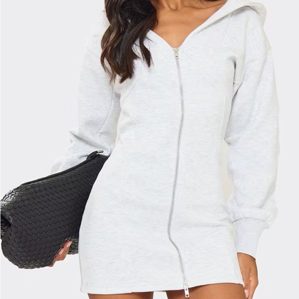EGO White Long Sleeve Zip Front Hoodie Dress